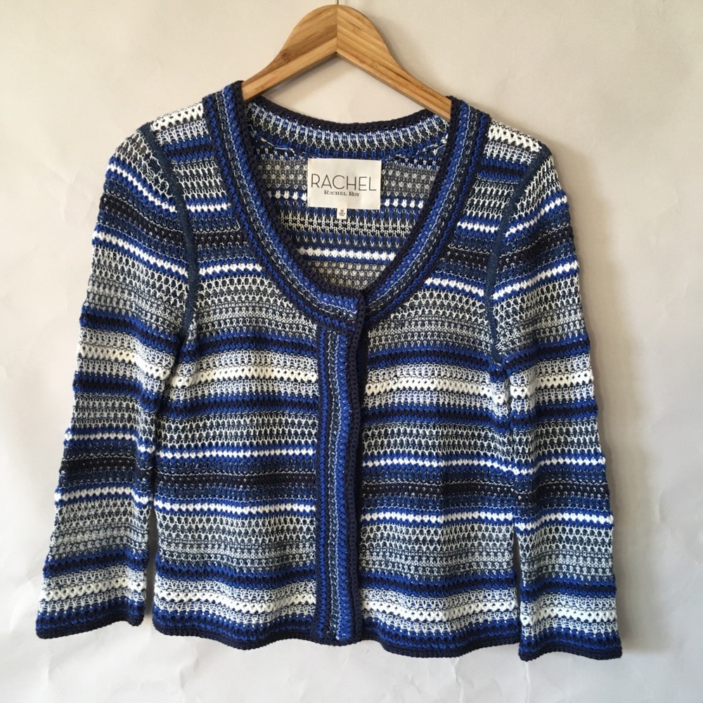 2 for $25 Rachel Roy blue white knit snap front cardigan M - Picture 5 of 8